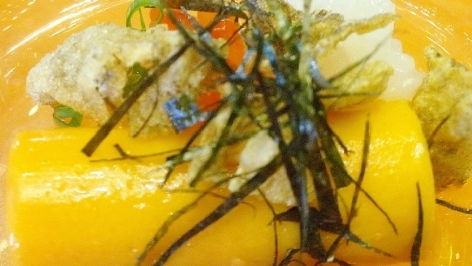 Sea urchin set with gelatin, squid, seaweed and salmon roe Sea urchin set with gelatin, squid, seaweed and salmon roe